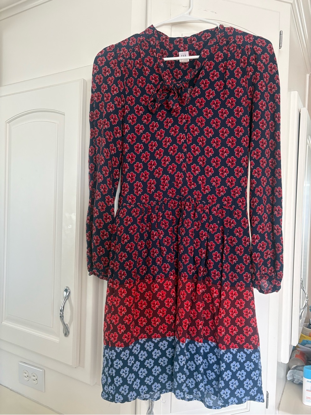 GAP Navy Dress with Red Floral Print and Blue Hem — Long Sleeve, boho tie neck